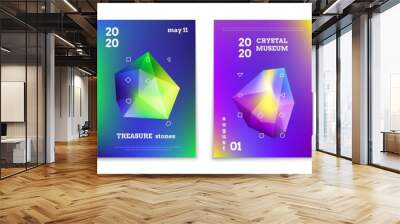 Crystals abstract posters. Realistic 3D gradient gems, holographic geometric mineral. Geological museum exhibition or treasure stones gallery template. Exposition event advertising banner, vector set Wall mural