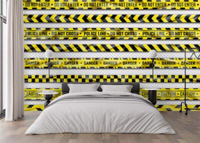 Danger ribbon. Yellow caution tape with warning signs for police crime scene or construction area. Vector illustration realistic attention stripes industrial area alert Wall mural