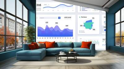 Dashboard UI. Modern presentation with data graphs and HUD diagrams, clean and simple app interface. Vector abstract modern web UI design Wall mural