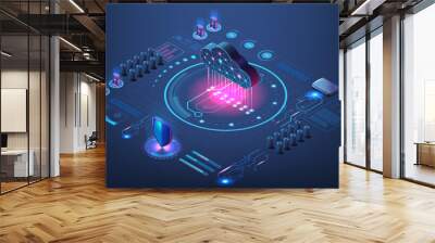 Digital data cloud. Technology center. Files storage. Virtual server. 3d application platform. Isometric network infrastructure. Database connection. Vector computer system concept Wall mural