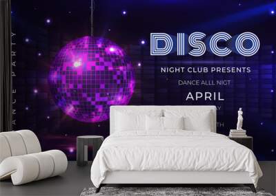 Disco party poster. Dance and music night party flyer with 80s disco ball and light effects. Vector illustration invite on glamour celebration with mirror sphere banner Wall mural