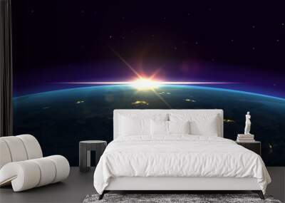 Earth view. Realistic night background of planet with glowing blue atmosphere and city lights from outer space. Vector illustration space view on light horizon sunrise Wall mural