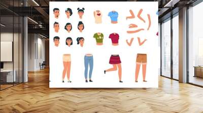 Female and male constructor. Classy character man and woman animation kit with different casual clothes and body parts. Vector illustration girl and boy faces and front poses for animation Wall mural