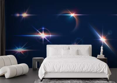 Flash. Realistic flares. Glowing effects. Photography camera light or sunlight reflection from lens. Stars in space. Isolated glints set. Sparkle glares. Vector shimmering elements Wall mural