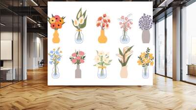 Flat floral bouquet. Gift with flower blossoms in vase, bunch of plants and blooming leaves, garden decor with botanical elements. Beautiful spring summer decor. Isolated vector illustration Wall mural