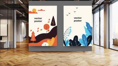 Flat plant posters. Gradient abstract geometric banners with copy space floral frames, jungle leaves and plants. Vector cover landscape design Wall mural