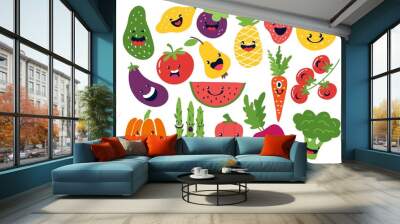 Flat vegetable characters. Funny smiley doodle fruits, hand drawn berries potato onion tomato apples. Vector cute fruits emoticon set Wall mural