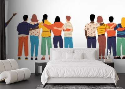 Friends from behind. Hugging happy characters back view, friendship illustration with boys and girls standing together. Group of friends, men and women good relationships vector set Wall mural