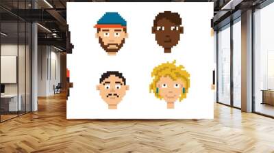 Game pixel avatar. Mobile gaming hero portrait. 8-bit character skin collection. Player pixelated account icon design. Isolated male or female heads. Vector cute digital graphic faces set Wall mural