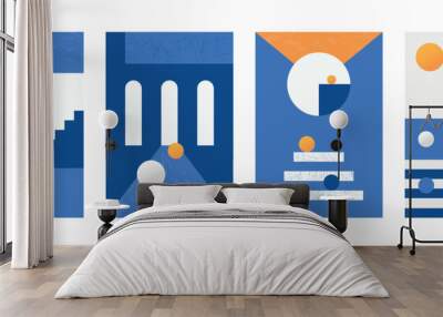 Geometric art shapes. Abstract collages. Contemporary posters set. Minimalistic cubism covers. Blue architecture arches and ladders. Silhouette orange circles. Vector illustration design Wall mural