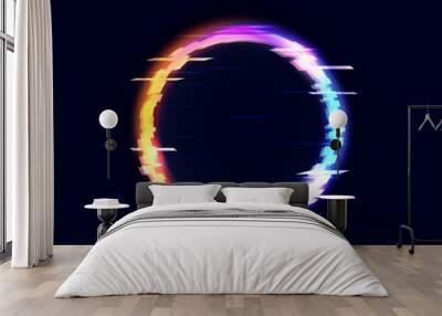 Glitch neon circle, futuristic frame. Cyber holographic pixel round border, digital tv noise television illusion. Colorful gradient glowing circular. Vector banner isolated on black background Wall mural