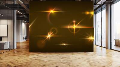 Golden light flare. Glowing glare and realistic shining effect. Blinding sunshine mockup. Lens glints or camera flash. Isolated single glittering particle. Vector bright sparkle template Wall mural