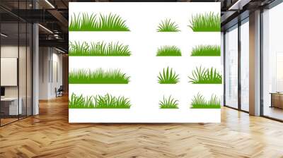 Green grass silhouette. Cartoon lines of plants and shrubs for boarding and framing, eco and organic logo element. Vector set spring field planting shapes lawn or borders garden on white background Wall mural