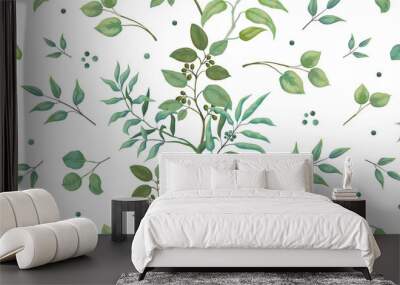 Greenery pattern. Eucalyptus seamless wedding print of leaves and branches, trendy botanical drawing on white background. Vector illustrations elegant seamless foliage Wall mural