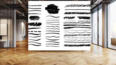 Grunge pencil line. Scribble chalk brush, black doodle graphite art texture, hand drawn sketch elements. Vector grungy lines set Wall mural