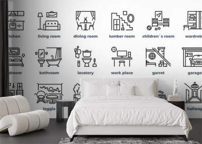 Home rooms line icons. Living room bedroom kitchen bathroom simple outline flat pictograms. Vector design home interior furniture set Wall mural