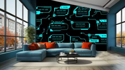 Hud callout. Call box message layout with text template, futuristic technology ui elements, game call out banners, square frames with copy space, visualization menu panels vector vr dashboards set Wall mural