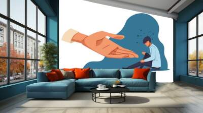 Human help. Anxiety person in depression and supporting hand. Confused man sitting on the floor. Mental health and human empathy. Psychological or psychiatric therapy, vector concept Wall mural