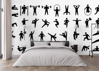 Human sport icons. Training persons silhouettes. Signs of people doing fitness and weightlifting exercises or practicing yoga. Stretching or bodybuilding workout. Vector symbols set Wall mural