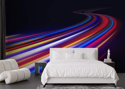 Light trails. Blurred car light motion effect, city road background with long exposure night lights with dynamic flashlight red and blue colors on black. Vector fast highway traffic trail background Wall mural