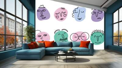 Line face characters, colorful people smile. Funny human profile, doodle sketch, cute man person in glasses. Abstract forms portrait. Comic fun eyes, noses and mouth. Vector cartoon icons Wall mural