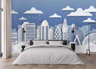 London paper landmarks. Paper cut city landscape with white flat buildings and clouds. Vector origami style modern cityscape background Wall mural