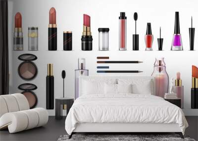 Makeup set. Realistic cosmetic products, glossy lipsticks, pencils, shadows, highlighters and artist tools. Vector 3D professional cosmetics object set, beauty collection face fashion Wall mural