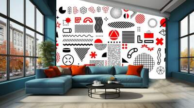 Memphis abstract shapes. Geometric graphic design elements. Contemporary line and circles figures with dots. Decorative background template with vector minimal silhouettes and forms Wall mural