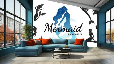 Mermaid. Little starfish tail silhouette, sea beach girl on shell, simple young ocean water fairy fantasy woman with long hair. Isolated decorative elements. Mythology vector graphic icon set Wall mural