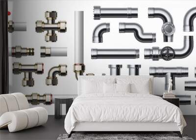 Metal pipeline. Realistic industrial conduit with connections and valves. 3D glossy stainless steel or white plastic tubes for water and gas. Pipe construction kit. Vector engineering plumbing system Wall mural