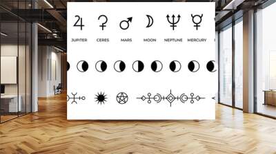 Moon phases icons. Black and white symbols of solar system planets or lunar cycle. Monochrome mystic occult outline isolated signs. Antique space objects names. Vector astrological silhouettes set Wall mural