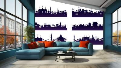 Mosque silhouettes. Islam city landscape. Ramadan holiday black border. Arabian buildings. Muslim minarets. Historic roofs and windows. Palm trees. Vector illustration backgrounds set Wall mural