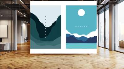 Mountain abstract poster. Geometric landscape banners with hills, rivers and lakes, minimalist nature scenes. Vector illustration graphic flyers with flows and curved stream Wall mural