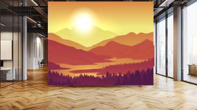 Mountain sunset landscape. Realistic pine forest and mountain silhouettes, evening wood panorama. Vector illustration wild nature background Wall mural