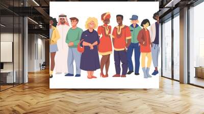 Multicultural team. Group of different people in casual clothes standing together, cartoon characters of diverse nationalities. Vector illustration happy men and women set diversity multiethnic people Wall mural