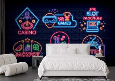 neon video game icons. retro gamer logo. slot machine. night light controller. computer club or casi Wall mural