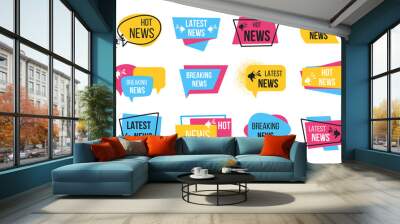 News badge. Promotion stickers with megaphone and text bulb, breaking news announcement. Vector newspaper cartoon tags for daily headline hot information Wall mural