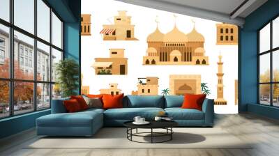 Old house village. Desert heritage buildings. Ancient Arabia. Stone homes. Traditional Arabic architecture. Mosques and residential mansions. Vector Arabic city landscape elements set Wall mural