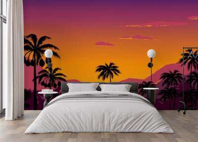 Palm tree silhouette background. California sunset landscape with exotic plants on horizon. Tropical forest and mountains. Scenic night sky. Nature panorama. Vector hot coast wallpaper Wall mural