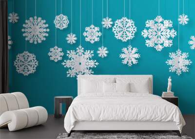 Paper cut snowflakes. Christmas isolated filigree decoration elements, winter snow abstract background. Vector 3D isolated white paper snowflakes for hanging decor Wall mural