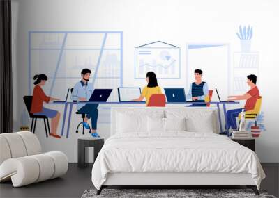 People at desk. Cartoon men and women working together at project. Office colleagues and coworking mates. Isolated workspace interior. Communication and business process. Vector workspace illustration Wall mural