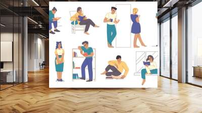 People read book. Student sit in library. Girl study at home. Women or men learn with textbooks. Cartoon characters leisure. Literature lover in armchair. Vector reader persons poses set Wall mural