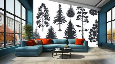 Pine tree silhouettes. Evergreen forest firs and spruces black shapes, wild nature trees templates. Vector illustration woodland trees set on white background Wall mural