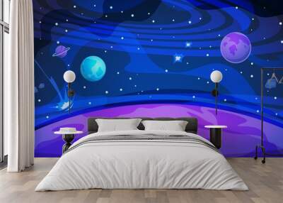 Planet space background. Sky galaxy universe flat abstract night landscape science modern poster. Vector cosmos banner Wall mural