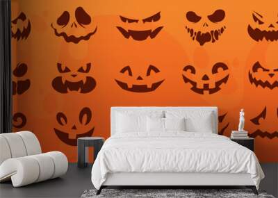 Pumpkin face. Happy Halloween, ghost smile or spooky evil graphic elements. Character with teeth in mouth. Isolated black silhouettes decorative party. Vector icons on orange background Wall mural