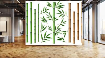 Realistic bamboo stick. Brown and green tree branch and stems with leaves isolated decorative closeup elements, east forest trees collection, exotic botanical decor object, eco material vector 3d set Wall mural