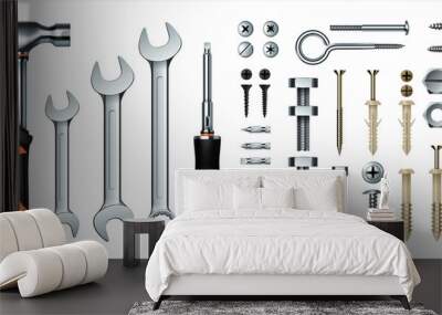 Realistic mechanic tools. 3D construction instrument set. Metal wrench and hummer, isolated screwdriver. Iron nails or screws with dowels. Hex nuts and eye hook. Vector hardware store Wall mural