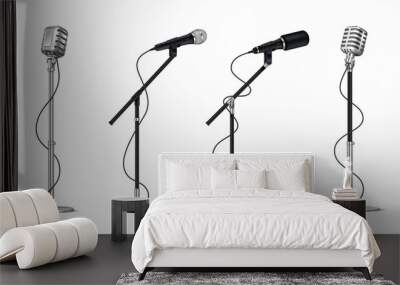 Realistic microphones. 3D professional metal mics with wire on holder, stand-up and blogging equipment. Vector vintage silver and black singer mic set Wall mural