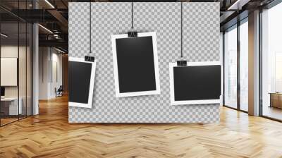 Realistic photo frames clipped on ropes. Retro 3D picture frame on white border for cameras photography. Vector illustration blank photoframe set on transparent background Wall mural