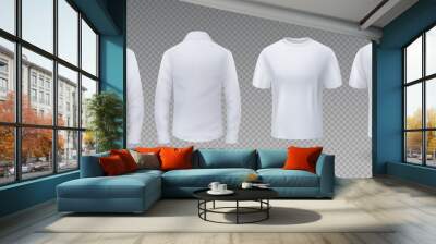 Realistic t-shirt and shirt. White mockup isolated template, 3D blank male uniform clothing, front and back view. Vector sport wear for man with long sleeve Wall mural